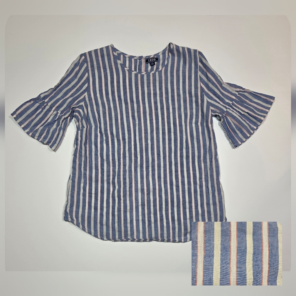IZOD Women’s LINEN BLEND Long Sleeve Buttoned Shirt Blouse Top Size M Striped